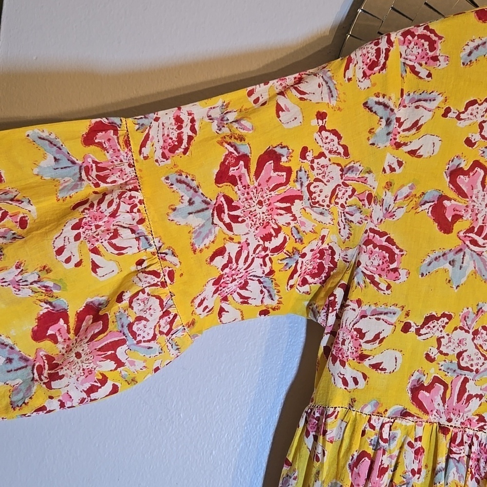 Jane Valken Cotton Floral A-Line Teired 3/4 Belled Sleeved Midi Dress NWOT - Picture 5 of 11